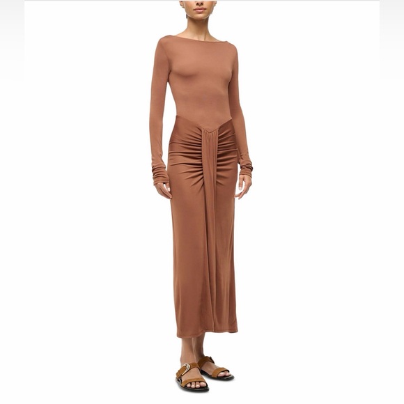 NEW STAUD Gres Dress, midi waterfall ruffle ruched brown tiramisu 4/ Small - Picture 4 of 15